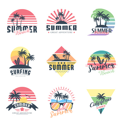 Summer holdays, travel, surfing, beach, labels and badges. Vector illustration.