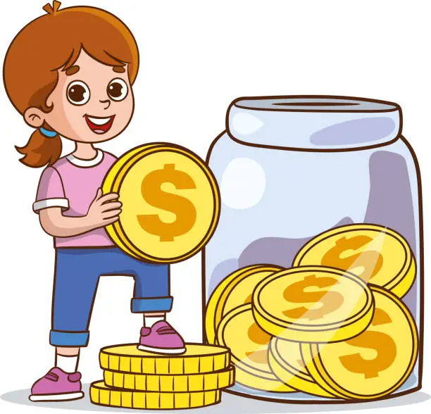 Vector illustration of Smiling little boy holding piggy bank and putting coins in it. Young kids cartoon character saving money, raising money to invest in the future. Finance and savings economy, children's budget