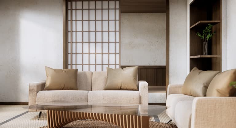 Traditional Japanese style living room mixed with modern design.3D rendering