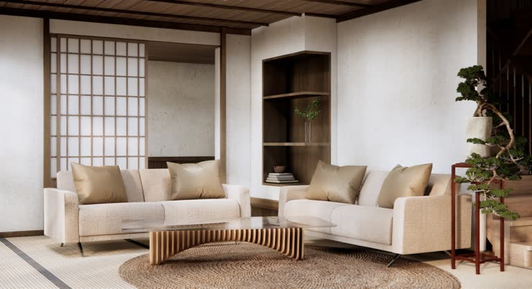 Traditional Japanese style living room mixed with modern design.3D rendering