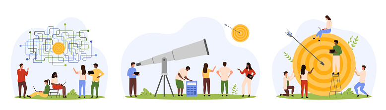 Success business goal and progress in challenge set. Tiny people work with maze of solutions to achieve goal, look at target through telescope, hit bullseye with arrow cartoon vector illustration