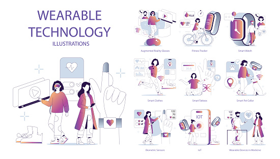 Wearable Technology set. Diverse devices integrating daily life. Health monitoring, fitness tracking, and IoT connectivity. Smart apparel and accessories. Vector illustration.