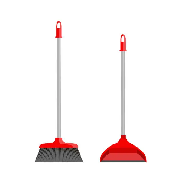 Vector illustration of Red plastic broom and dustpan isolated on white background.