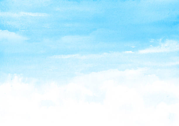 istock Blue morning sky with clouds. Watercolor illustration, hand drawn background 2117703784