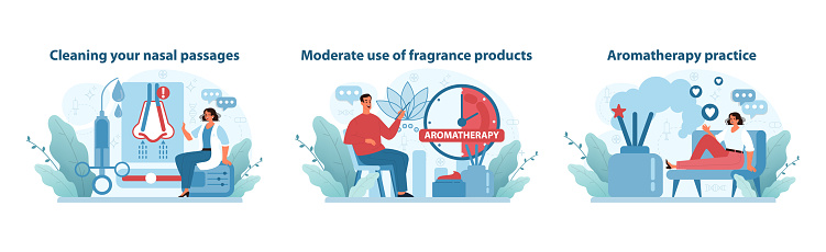 Nasal Hygiene and Aromatherapy Set. Illustrations on nasal cleaning, fragrance use moderation, and aromatherapy for smell care. Detailed health and wellness vector visuals.