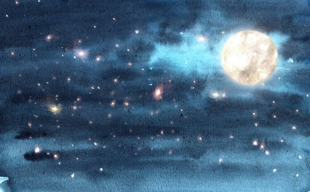 istock Dark night sky with stars and big moon. Hand drawn watercolor illustration 2117705924