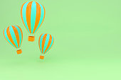 Online travel booking concept with hot air balloons 3d rendering. Good for banner, postcard and poster.
