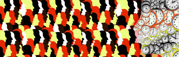 Abstract image of many profiles of people superimposed on one another and lined up in several rows and a profile of a person formed from watch dials of different sizes