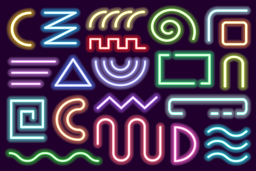 Colorful glowing linear design elements. Abstract neon lines, shining vector shapes and lines. Bright vibrant simple geometric lines and forms with glowing light effect isolated on dark background.