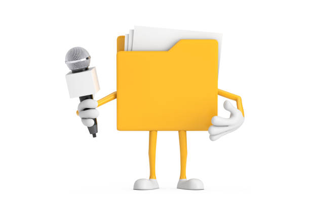istock Yellow File Folder Icon Cartoon Person Character Mascot with Modern Chrome Microphone. 3d Rendering 2117739919