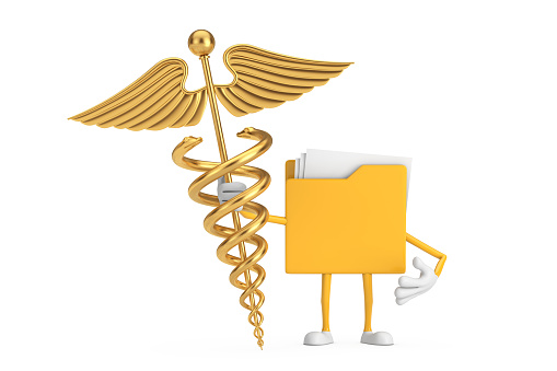 Medical symbol snakes Caduceus with wings. 3D render icon isolated with background.