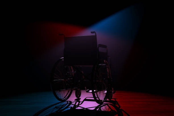istock Back of Empty Wheelchair in Spotlight Lights. 3d Rendering 2117740513