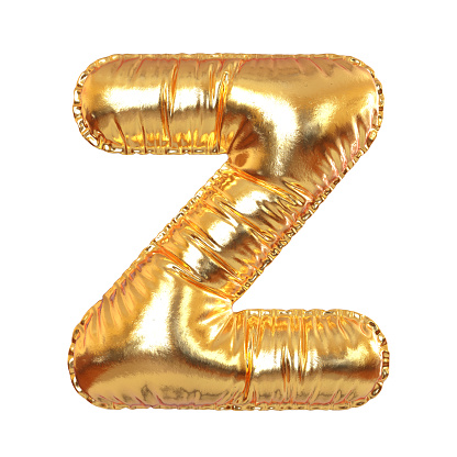 Golden Metal Balloon English Alphabet Letter Z for Festive, Text, Holidays on a white transperent background. 3d Rendering