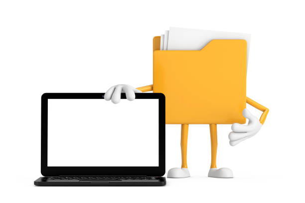 istock Yellow File Folder Icon Cartoon Person Character Mascot with Modern Laptop Computer Notebook and Blank Screen for Your Design. 3d Rendering 2117741092