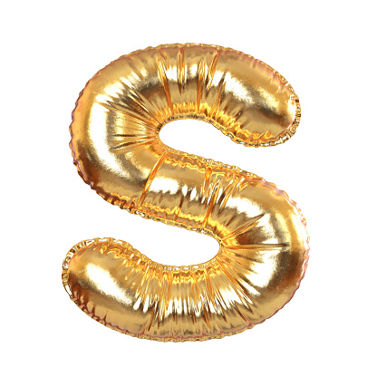 Golden Metal Balloon English Alphabet Letter S for Festive, Text, Holidays on a white transperent background. 3d Rendering