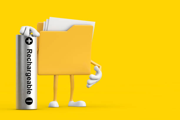 Yellow File Folder Icon Cartoon Person Character Mascot with Rechargeable Battery on a yellow background. 3d Rendering