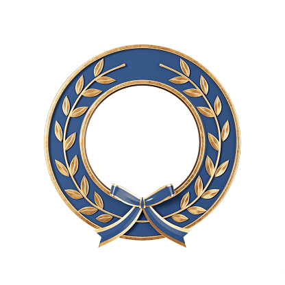 Blue Medal Award with Gold Laurel Wreath and Free Space for Your Design on a white background. 3d Rendering