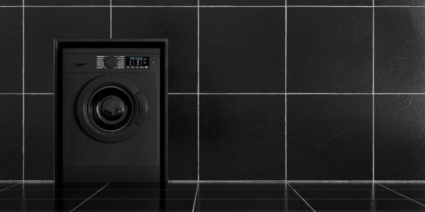istock Modern Black Washing Machine in Bathroom with Black Tiles. 3d Rendering 2117741663