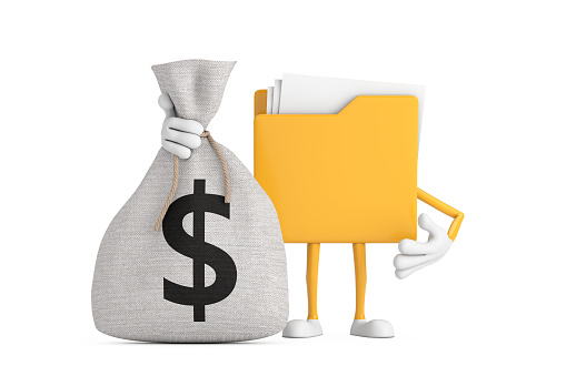 Yellow File Folder Icon Cartoon Person Character Mascot and Tied Rustic Canvas Linen Money Sack or Money Bag with Dollar Sign on a white background. 3d Rendering