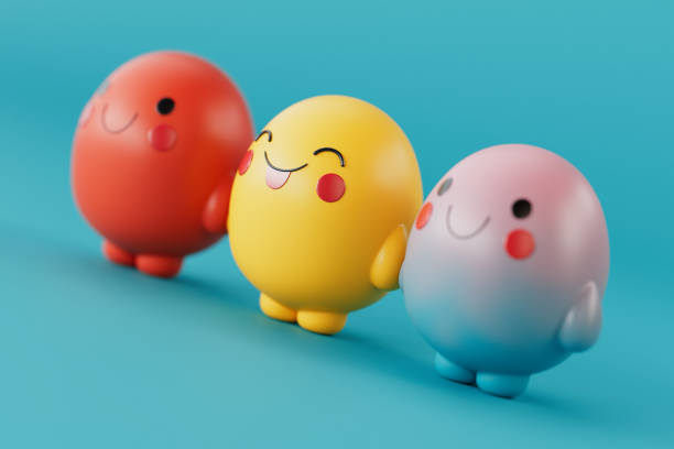 Cute Cartoon Doodle Characters with Different Faces in Kawaii Style on a blue background. 3d Rendering