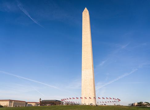 The Washington Memorial illuminated by bright sunshine on a bright day in springtime.