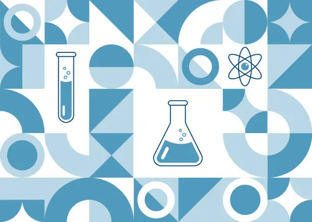 Vector illustration of Geometric seamless pattern on the theme of chemistry. Vector design for background or banner with shapes, test tubes and flasks