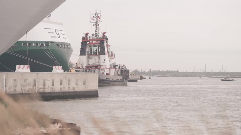 Tugboat At Cruise Ship Terminal At The Port Terminal Fusina Venezia In Venice, Italy. Static Shot