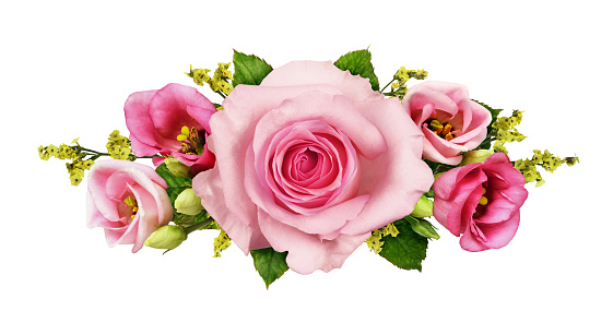 Pink rose, eustoma and yellow limonium flowers in a floral arrangement isolated on white