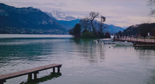 annecy france, pier near the lake of annecy, called as the venice of the alps, historic city cultural tourism concept