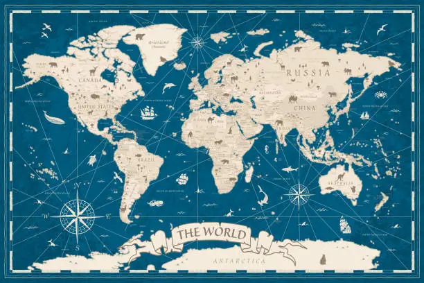 Vector illustration of World Map Vintage Ancient Cartoon - Vector Illustration. Dark Blue and Beige Colors
