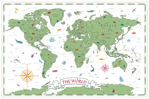 Detailed Vintage Ancient Cartoon World Map - vector illustration with layers
