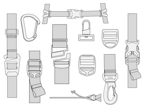 Ladder Lock Plastic Slider Buckles and clips fashion trims for accessory straps design vector illustration template This vector illustration template presents a collection of ladder lock plastic slider buckles and clips, designed specifically for use in fashion accessories and strap designs. The template showcases various styles and sizes of these practical components, rendered in a detailed and accurate manner. Each piece is depicted in a neutral tone, emphasizing the functional design and versatility of the buckles and clips. This illustration is ideal for designers and manufacturers looking to incorporate these elements into bags, clothing, or other accessory projects, providing a clear and comprehensive guide to the range of options available. luggage strap stock illustrations