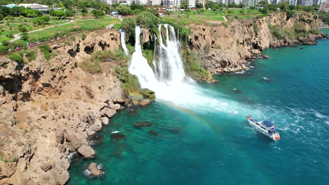 Aerial view of Duden waterfall with drone. Antalya Turkey