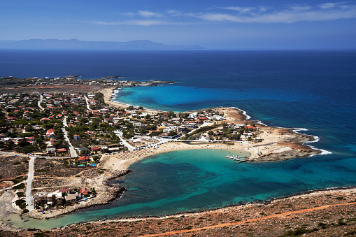 The sea and the beach from a bird's eye view in Stavros  on the island of Crete, Greece
