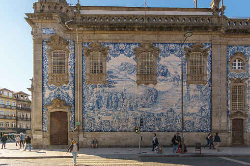 Church of Igreja do Carmo in Porto with blue tile called Azulejos on a sunny day, Porto, Portugal