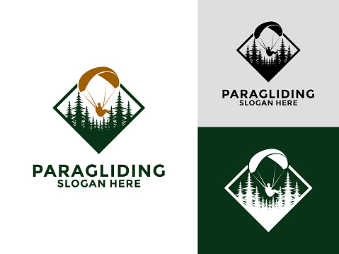 Paragliding flying sports logo vector, High Adventure Paragliding with Forest logo design template