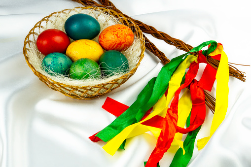 Czech rod with differently colored Easter eggs in a basket