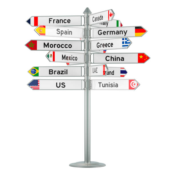 istock Route direction with different countries. Signpost with names of countries, 3D rendering 2117913614