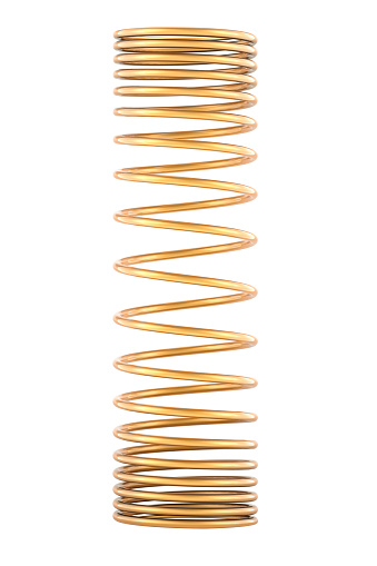 Golden or copper helical coil spring, 3D rendering isolated on white background