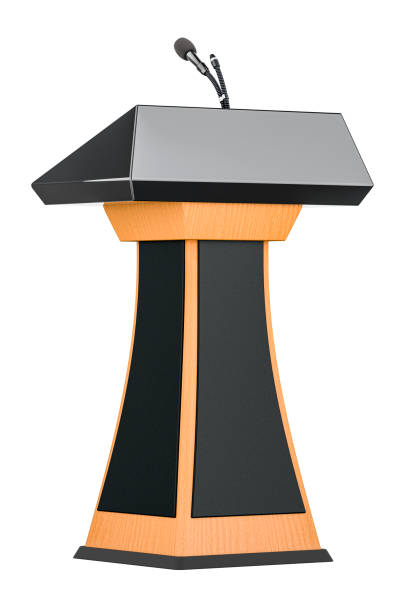 istock Wooden Tribune with Microphone. 3D rendering 2117919887
