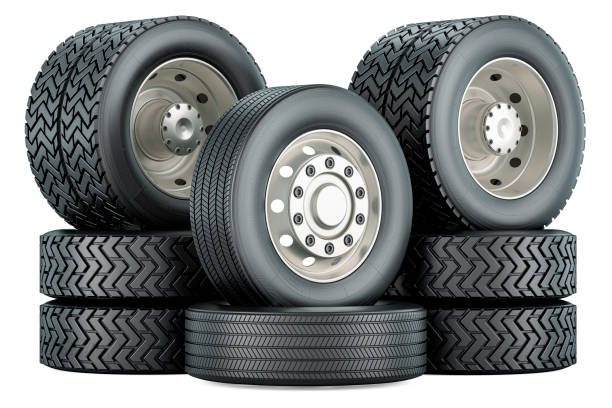 Rear and front wheels for truck or bus, 3D rendering isolated on white background