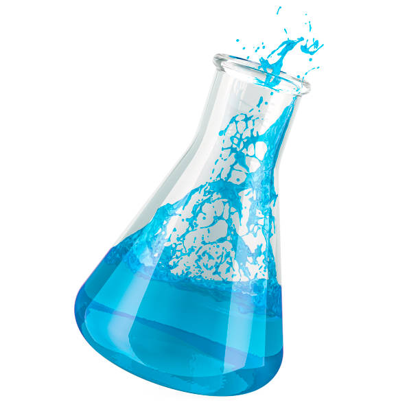 istock Chemical Flask with blue liquid and splash, 3D rendering 2117919910