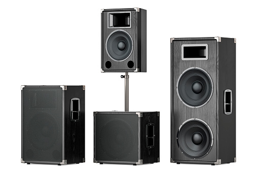 Set of studio monitor loudspeakers, 3D rendering isolated on white background
