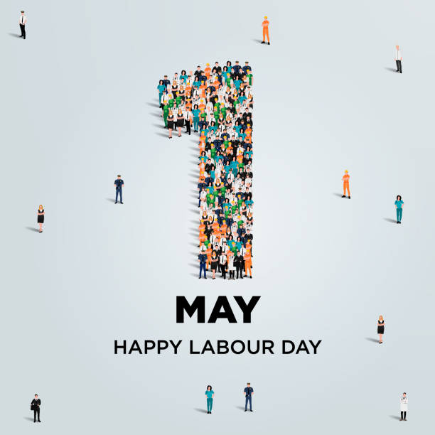 Happy labour day concept poster. Large group of people form to create number 1 as labor day is celebrated on 1st of may. Vector illustration. vector art illustration