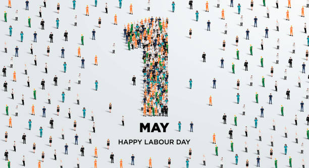 istock Happy labour day concept poster. Large group of people form to create number 1 as labor day is celebrated on 1st of may. Vector illustration. 2117921480