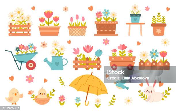 Cute Simple Spring Elements Set Isolated On White Background Stock ...