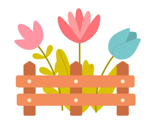Vector illustration of Cute simple spring flowers behind the fence isolated on white background. Flat style vector illustration