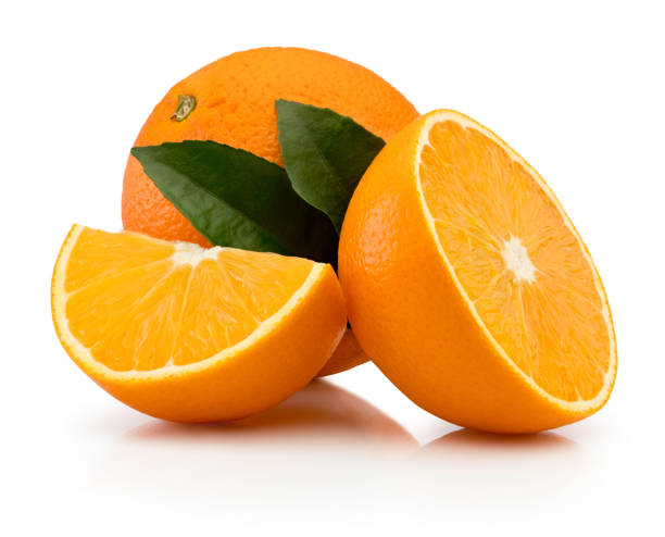 istock Orange with cut in half and green leaves isolated on white background 2117928365