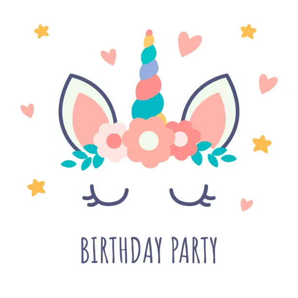 Vector illustration of Unicorn head with horn and floral bouquet. Design for invitation, birthday cards. Cute flat style