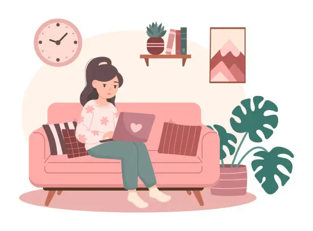 Vector illustration of Woman sitting on sofa and working or studing online via laptop. Flat illustration